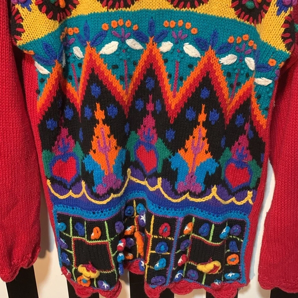 Vintage 90s 3D Knit & Crochet Floral & Hearts Fun Sweater Woman’s Large XL - Picture 3 of 17